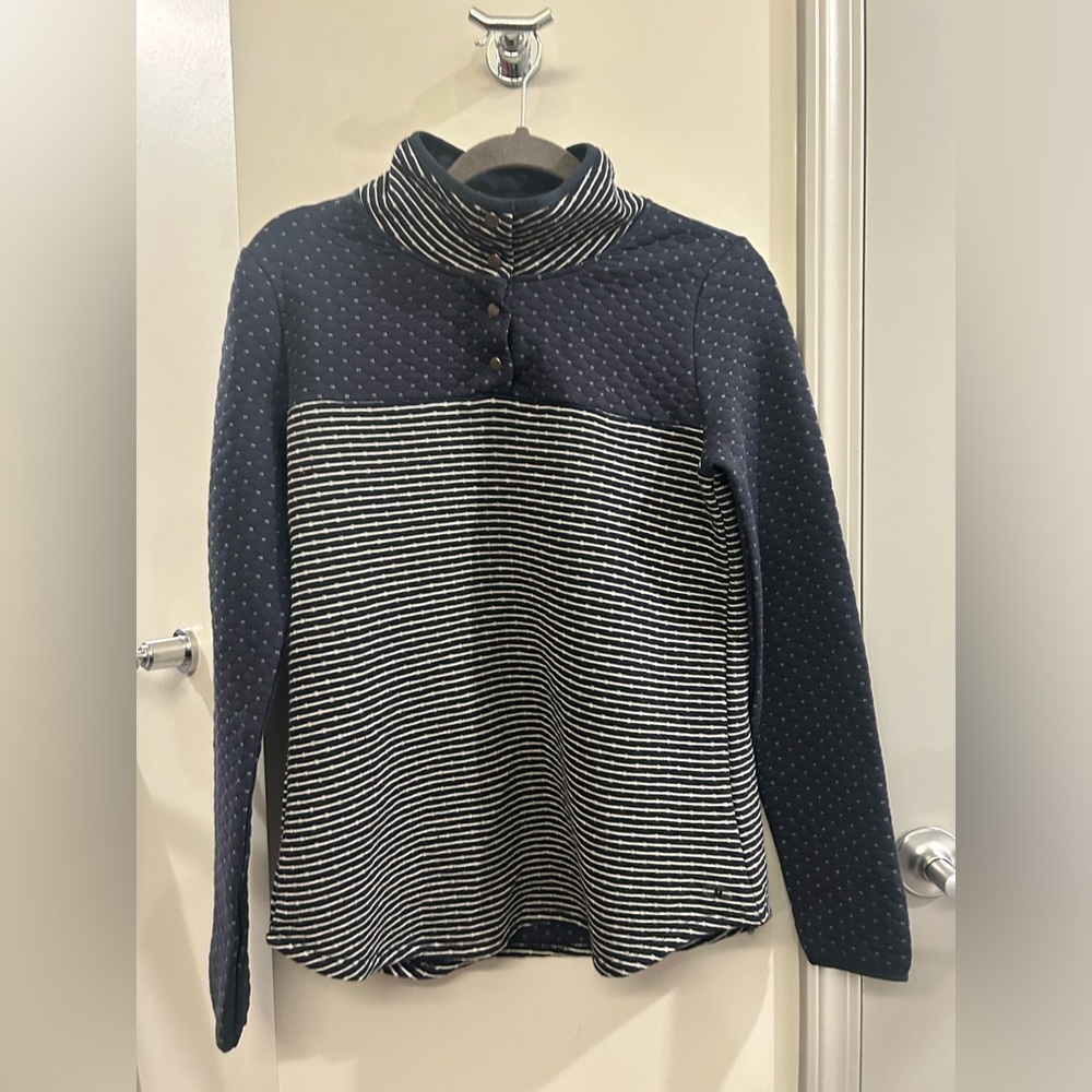 Maurice’s Snap Front Sweater Women’s Medium Navy Stripes - Picture 3 of 11
